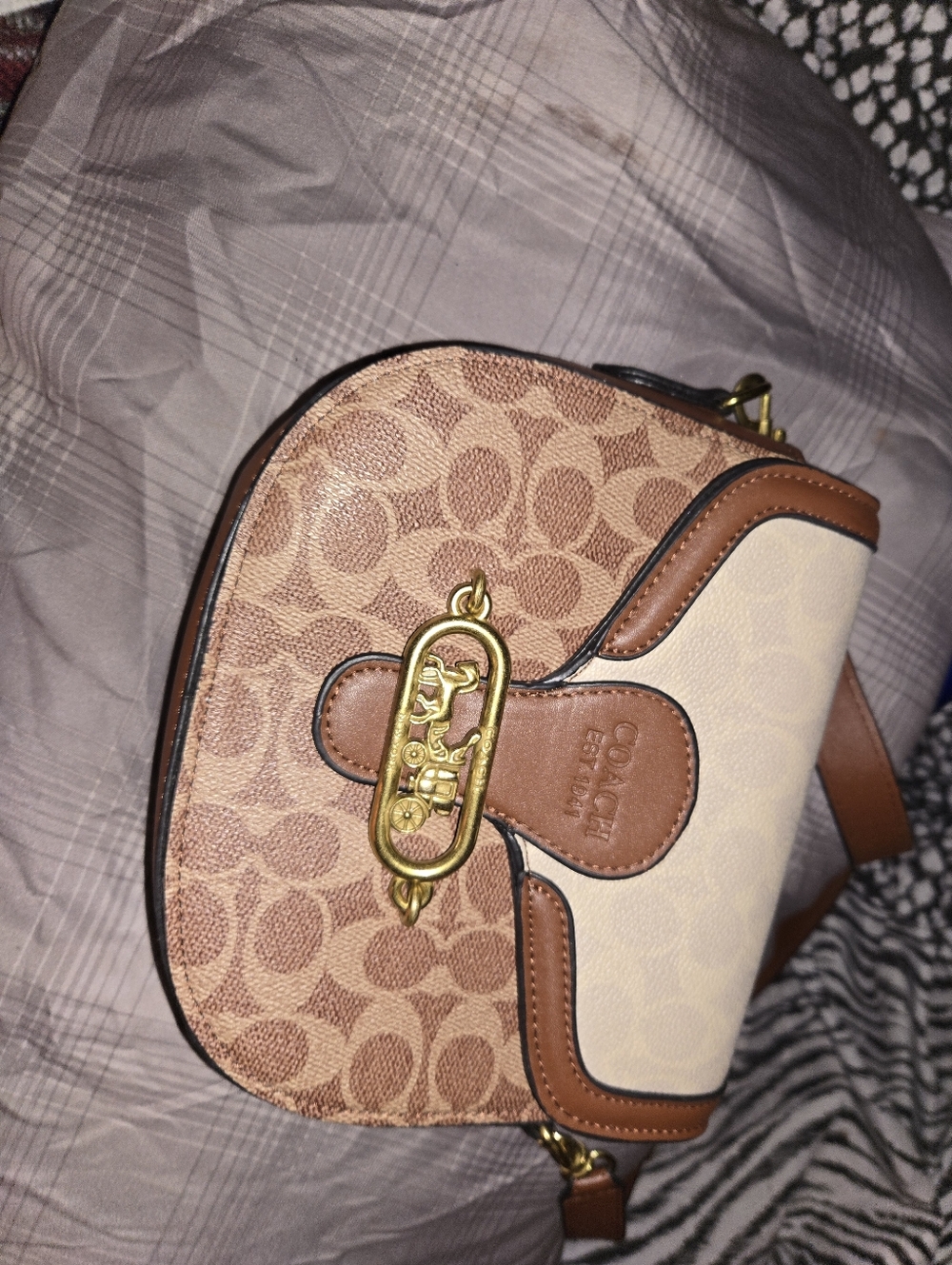 Coach Brown and Cream Signature Crossbody Saddle Bag